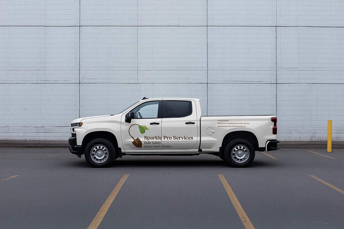 Branded white pickup truck side profile